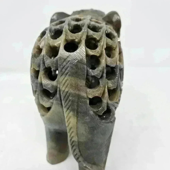 Hand Carved Soapstone Stone Elephant Baby Inside Green Figurine Natural Colors - Picture 7 of 9